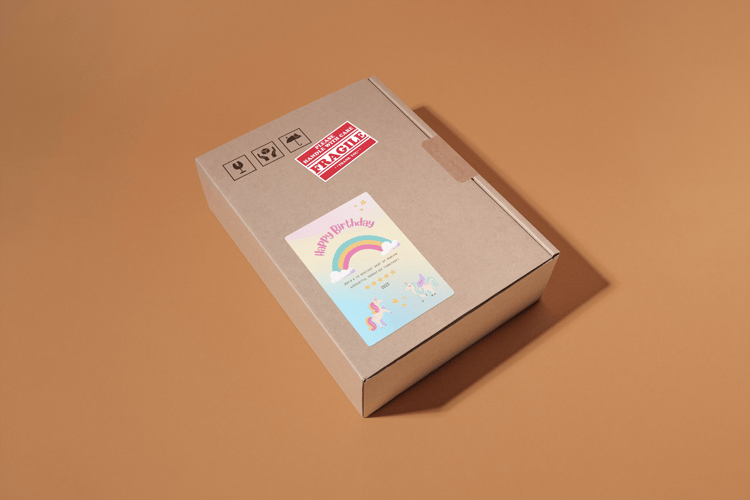 Magical Unicorn Photo Frame Sticker Label 4"x6" | Customizable Canva Template | Digital Download. Mock sticker on box