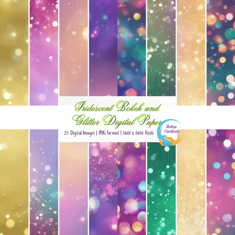 Iridescent Bokeh and Glitter Digital Paper: Silver and Rainbow Sparkle Backgrounds