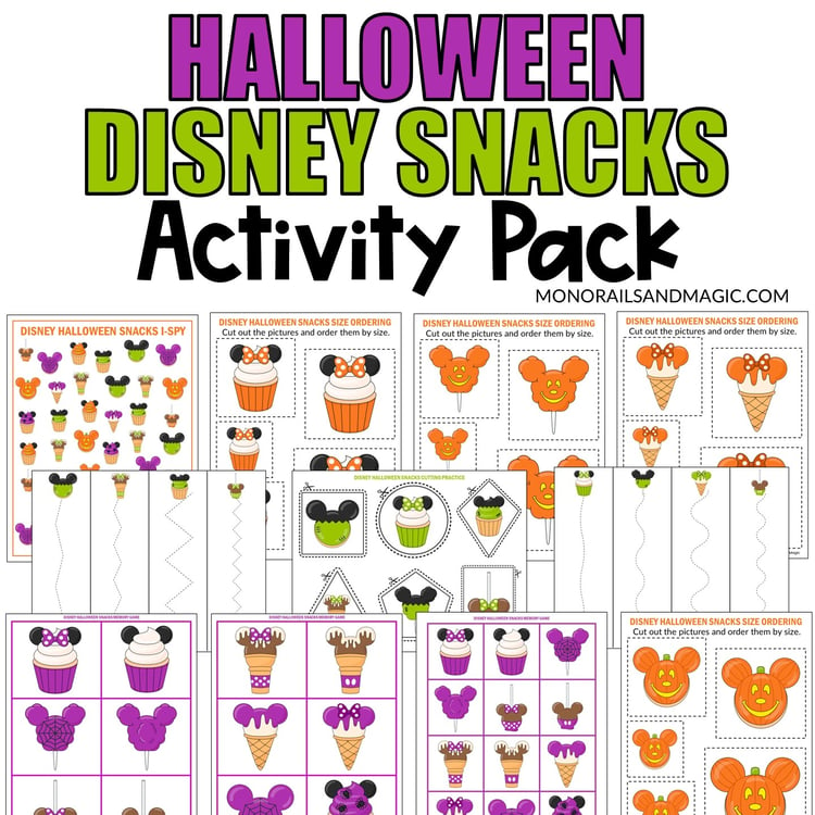 Printable activities for kids with a Disney Halloween snack theme.