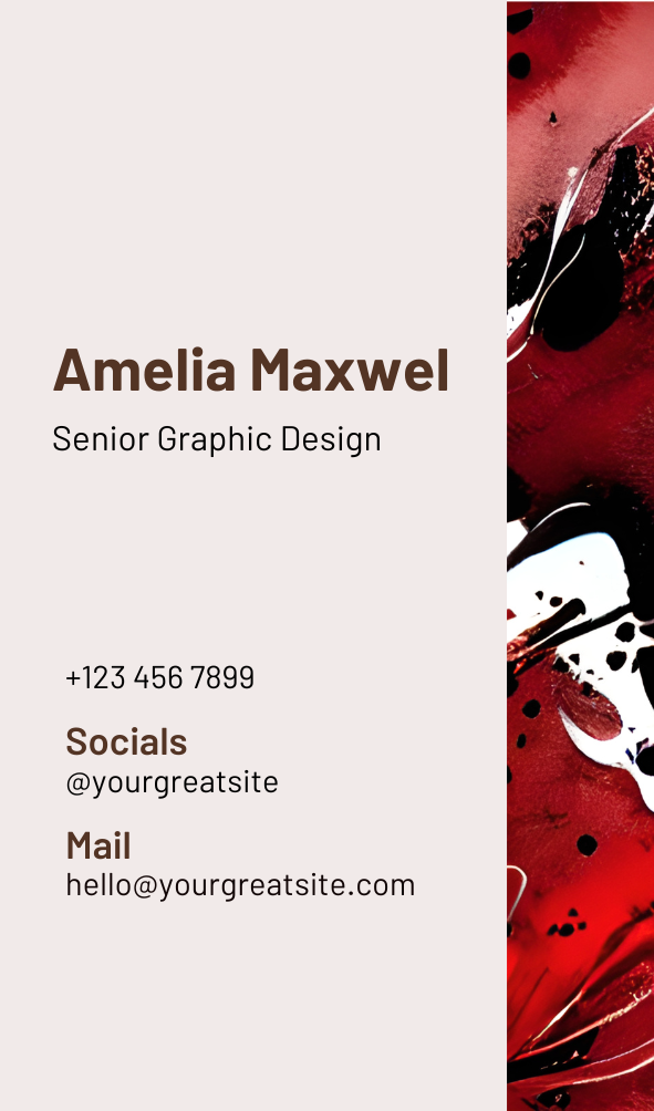 A red, elegant liquid art stripe at the back with stylish font business details back