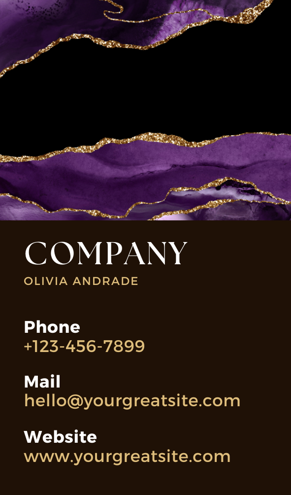 Elegant silk effect with gold glitter Simple wave Design Business Card. ✨💼 A dark purple, and black at the back with stylish font business details back
