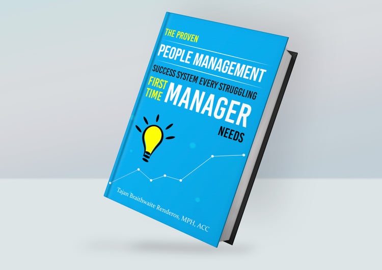 Blue book cover with the title "The Proven People Management Sucess System that Every Struggling First Time Manager Needs"