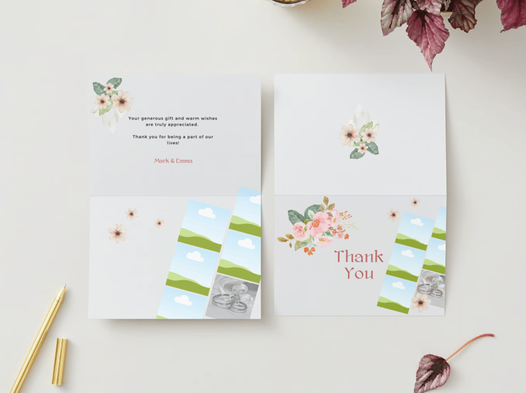 Elegant Pink Floral Photo Frame Folded Card Landscape | Customizable Canva Template | Digital. Mock outside and inside