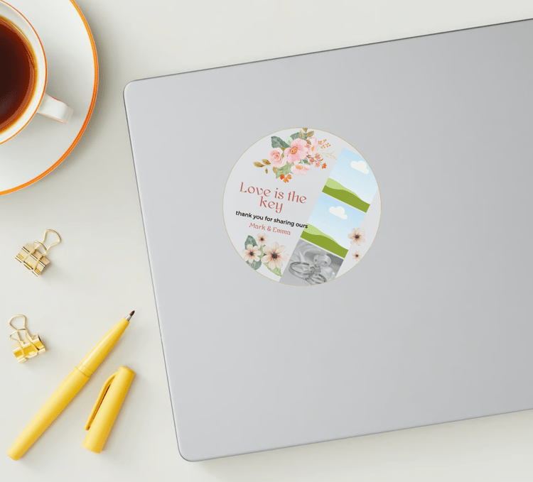 Elegant Pink Floral Photo Frame Circle Sticker | Customizable Canva Template | Digital. Mock sticker on laptop
