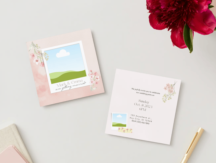 Light Pink Textured Background Photo Frame Invitation | Canva Template | Digital. Mock front and back