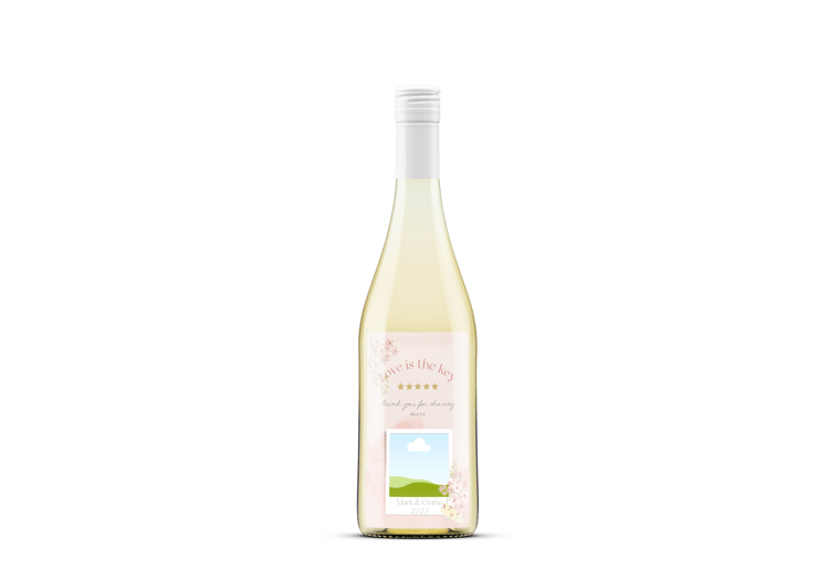 Light Pink Textured Background Photo Frame Sticker Label 4"x6" | Customizable Canva Template | Digital Download. Mock sticker on wine bottle