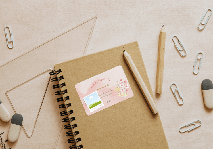 Light Pink Textured Background Photo Frame Sticker Label 3"x2" | Customizable Canva Template | Digital. Mock sticker on notebook