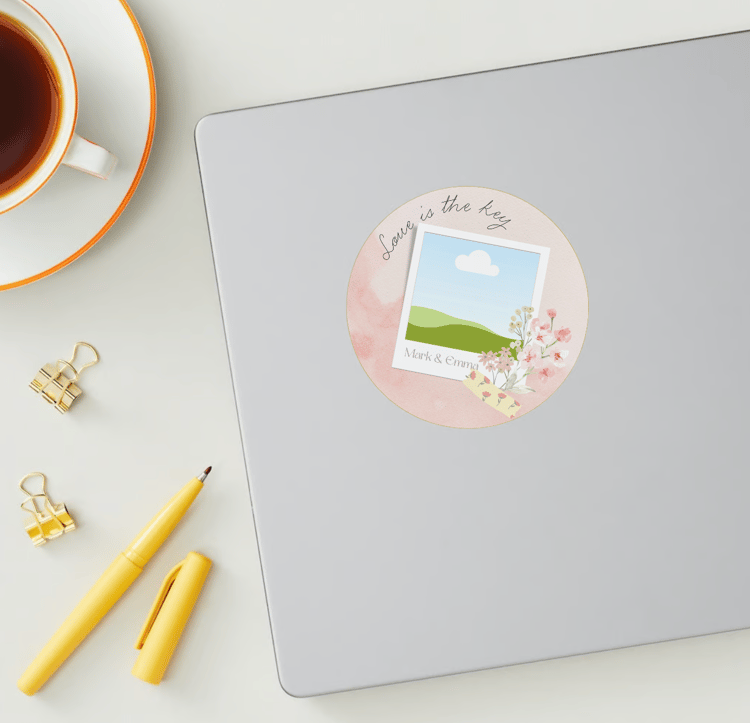 Light Pink Textured Background Photo Frame Circle Sticker | Customizable Canva Template | Digital. Mock sticker on laptop