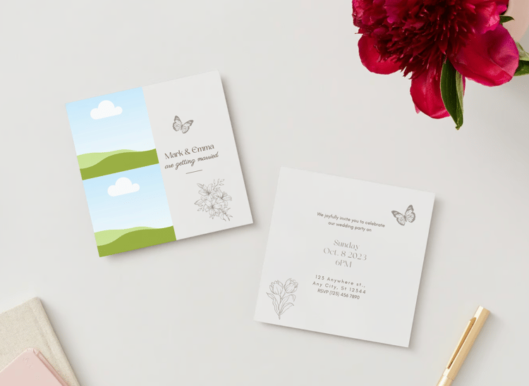 Artistic Line Art Photo Frame Invitation | Canva Template | Digital. Mock front and back