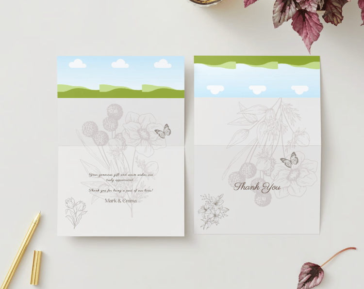 Artistic Line Art Photo Frame Folded Card Landscape | Customizable Canva Template | Digital. Mock outside and inside