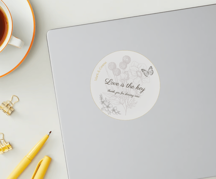 Artistic Line Art Photo Frame Circle Sticker | Customizable Canva Template | Digital. Mock sticker on laptop