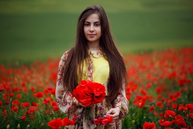 Clothes and Design, girl in red-poppy field wearing 80s-style dress