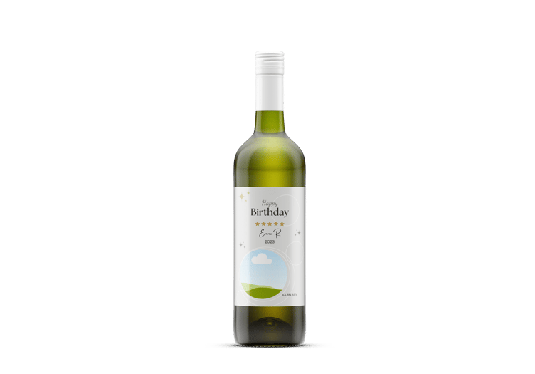 Light Grey Photo Frame Sticker Label 4"x6" | Customizable Canva Template | Digital Download. Mock sticker on dark wine bottle