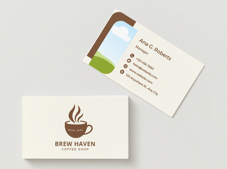 Customizable simple coffee cup design Business Card Template for Canva - Small Business Branding, mock brown