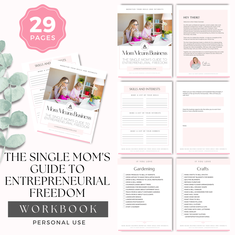Pink and White mockup showing The Single Moms Guide to Entrepreneurial Freedom Workbook