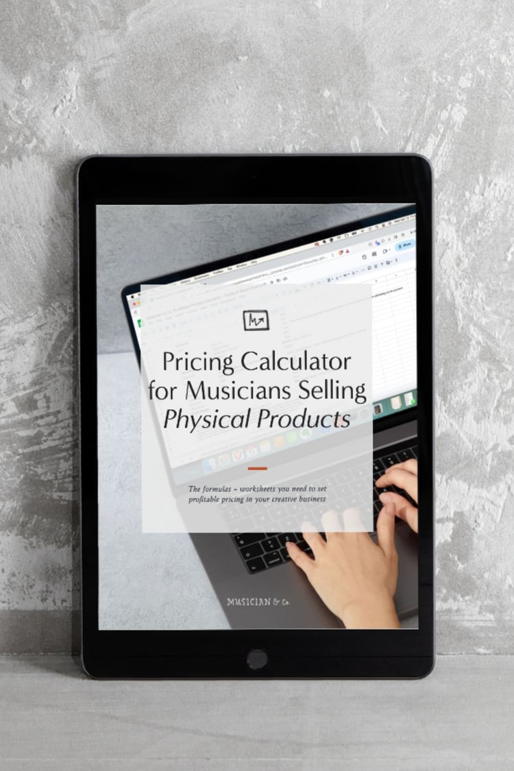An iPad with cover of Pricing Calculator for Musicians Selling Physical Products on the screen