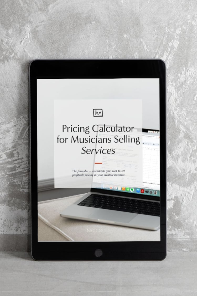 An iPad with cover of Pricing Calculator for Service-Based Musicians on screen