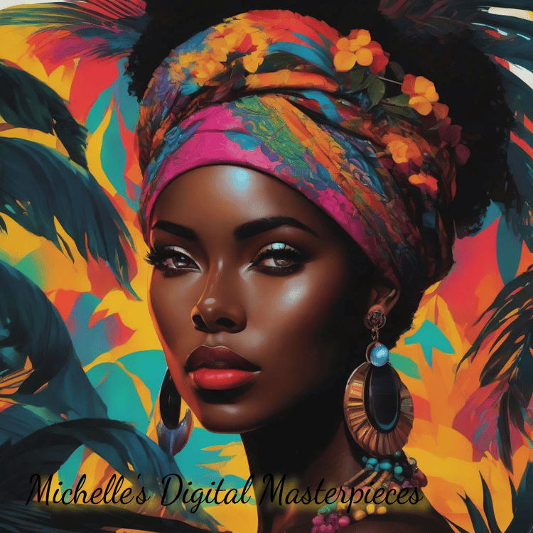 In a tropical paradise, Misti's vibrant attire and matching headscarf burst with eye-popping colors.