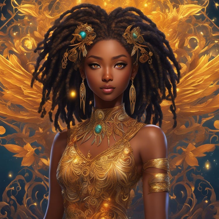 Tania commands attention in her gold and silver paisley attire against a fiery backdrop, a symbol of her undeniable power and presence.