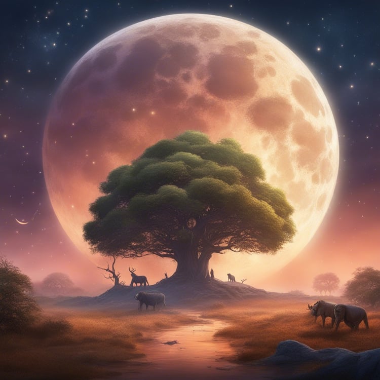 "An African safari unfolds beneath a luminous full moon, painting the jungle with ethereal light. Majestic animals, both fierce and gentle, graze peacefully under the moon's gentle glow.