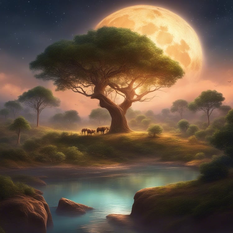 "Amidst the African wilderness, beneath the silvery embrace of a full moon, a scene of enchantment unfolds.