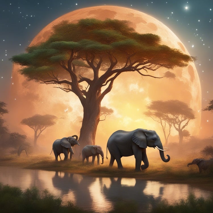 Myjestic Elephants enjoying a midnight stroll under a full moon