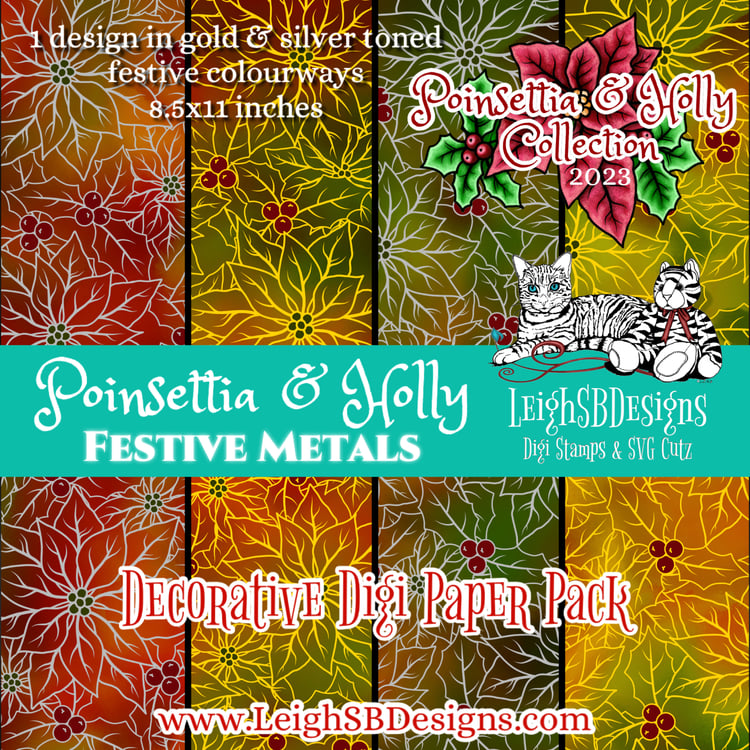 LeighSBDesigns Poinsettia & Holly Festive Metals Decorative Digi Paper Pack