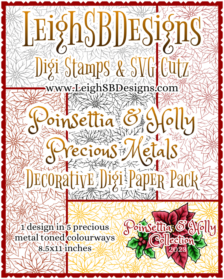 LeighSBDesigns Poinsettia & Holly Precious Metals Decorative Digi Paper Pack