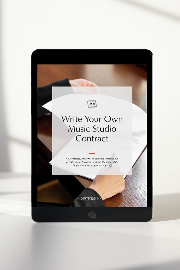 An iPad with cover of Write Your Own Music Studio Contract on screen