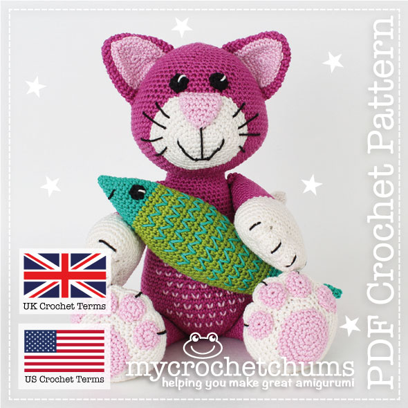 Cover photo for Amigurumi Crochet PDF Pattern for Cuddly Kitty with Fish.