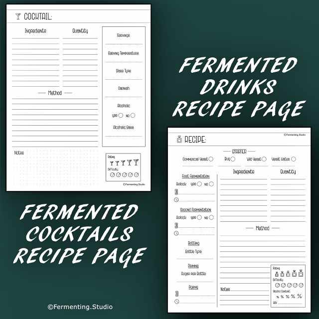 Printable fermented drink and fermented cocktail recipe pages
