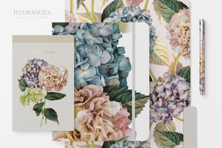 hand painted hydrangea blooms and leaves digital graphics