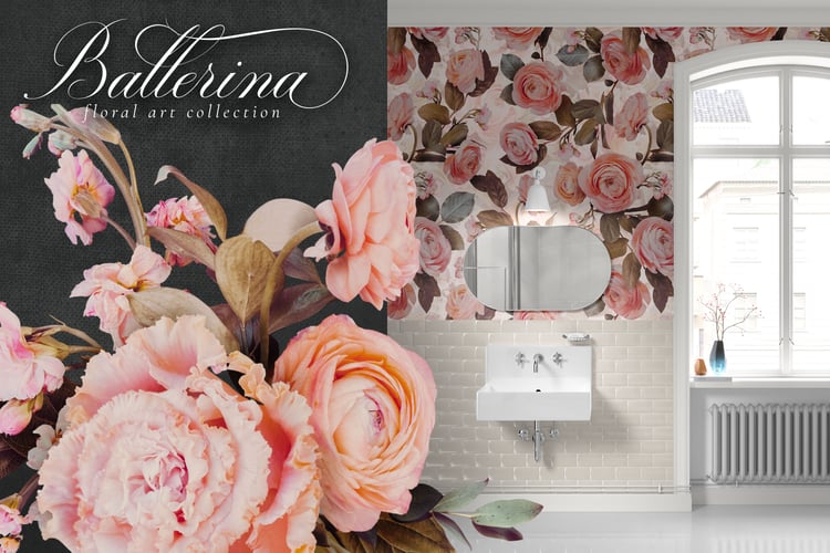 Ballerina floral graphics collection. Roses, ranunculus, carnations, matthiolas, and mums in pink, coral, white, cream, orange, and peach