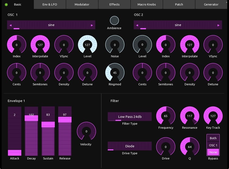the basic controls to edit a novation Circuit original or tracks patch optimized view for IPad