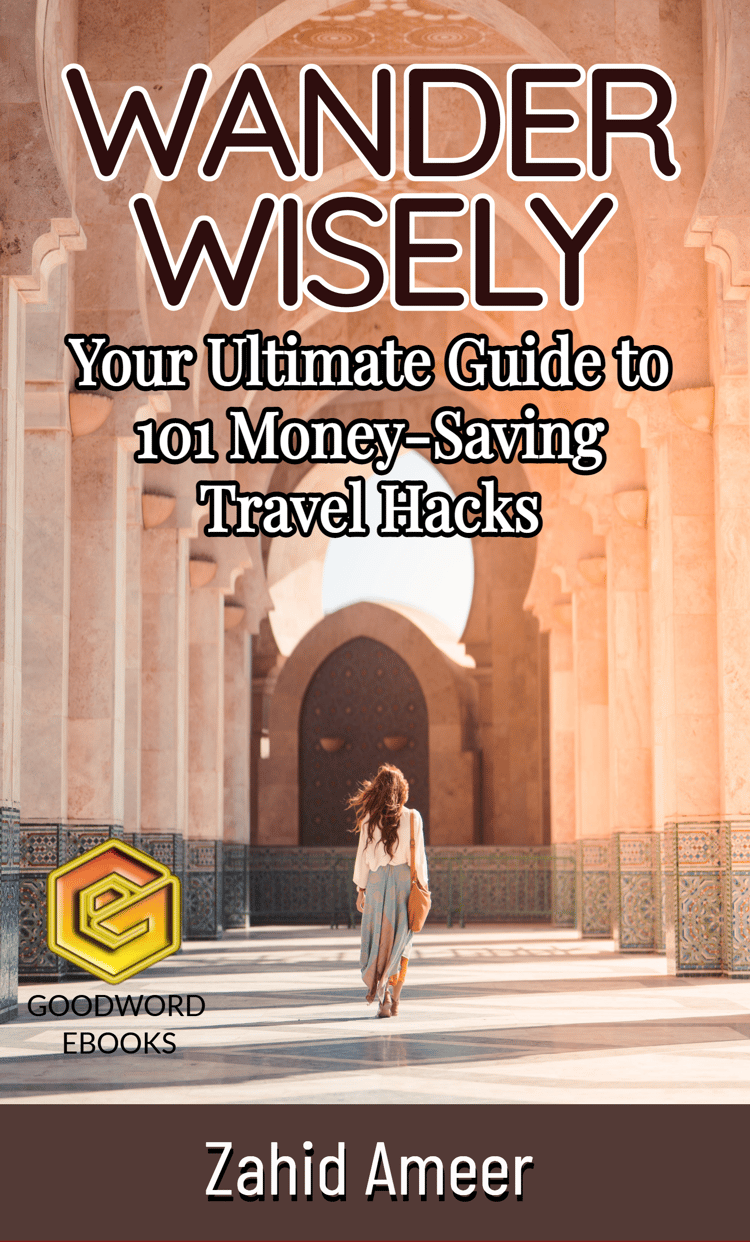 "Cover of 'Wander Wisely: Your Ultimate Guide to 101 Money-Saving Travel Hacks' eBook. A passport, compass, and globe symbolize travel, overlaid with the book title and author's name."
