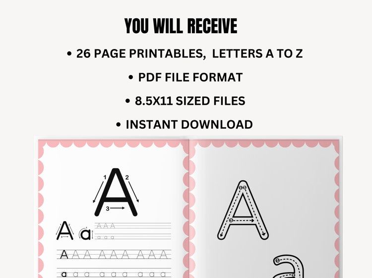 This is a set of printable letter tracing worksheets for the entire alphabet, 26 pages in all. Each page shows the student how to write the letter, gives them a space to trace the letter and then gives them a space to practice writing the letter on their 