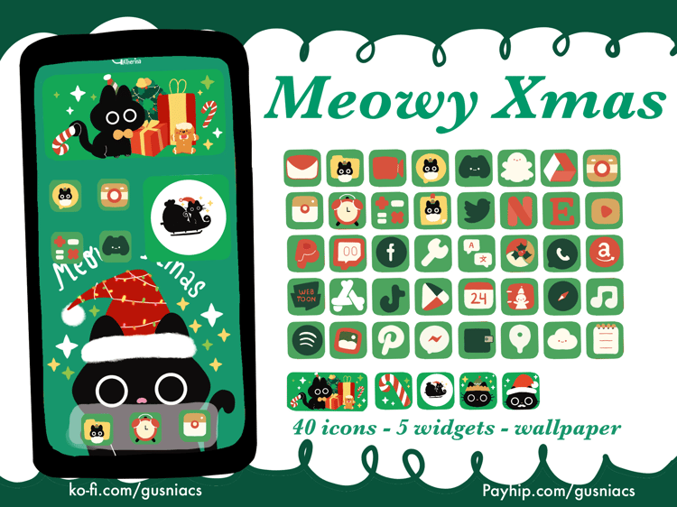 Christmas Black Cat Icon Set for IPhone Android