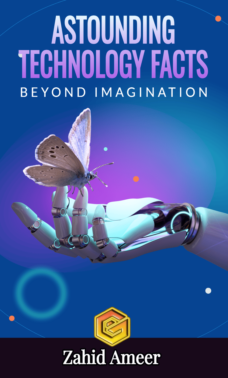 Cover image: A colorful butterfly delicately perched on the fingers of a robotic hand, symbolizing the harmonious blend of nature and technology explored in 'Astounding Technology Facts: Beyond Imagination' eBook