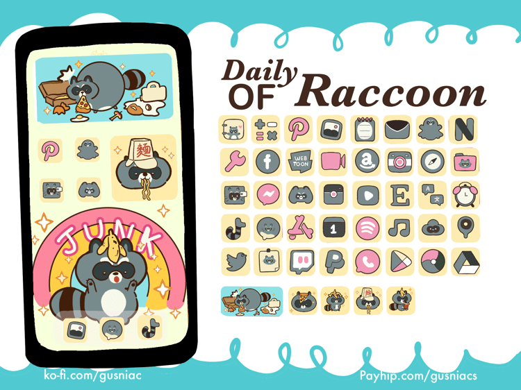 Daily of Cute Raccoon Trash Life Icon Themed Pack | Home Screen Customization for iPhone, Android Set included:
