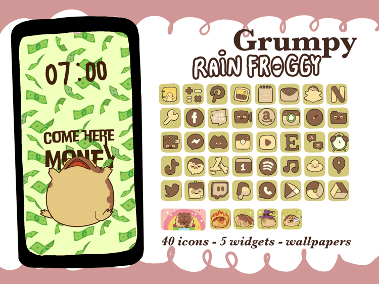 Cute Grumpy Rain Frog Icon Themed Pack | Home Screen Customization for iPhone, Android