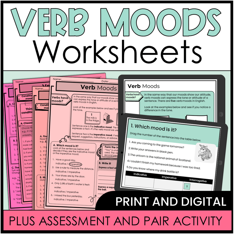 Verb moods worksheets for print and digital with assessment and pair activity