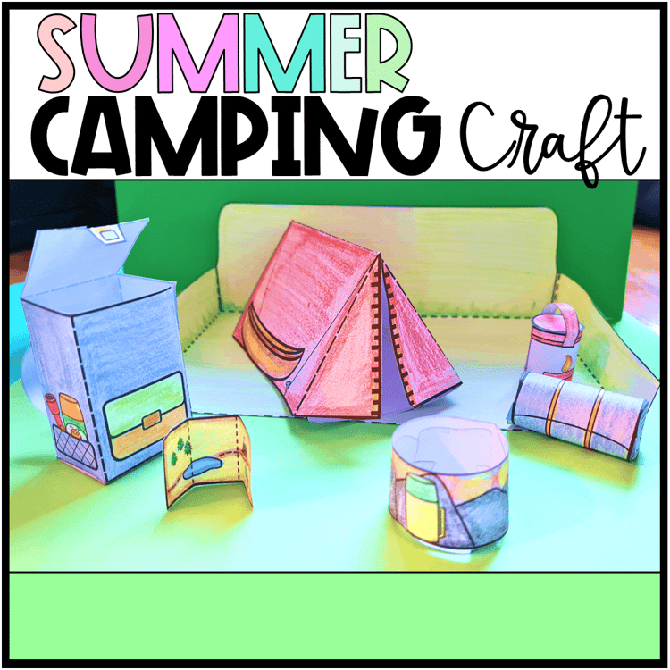 Camping craft with a tent, fire, backpack, map, lantern, and sleeping bag.
