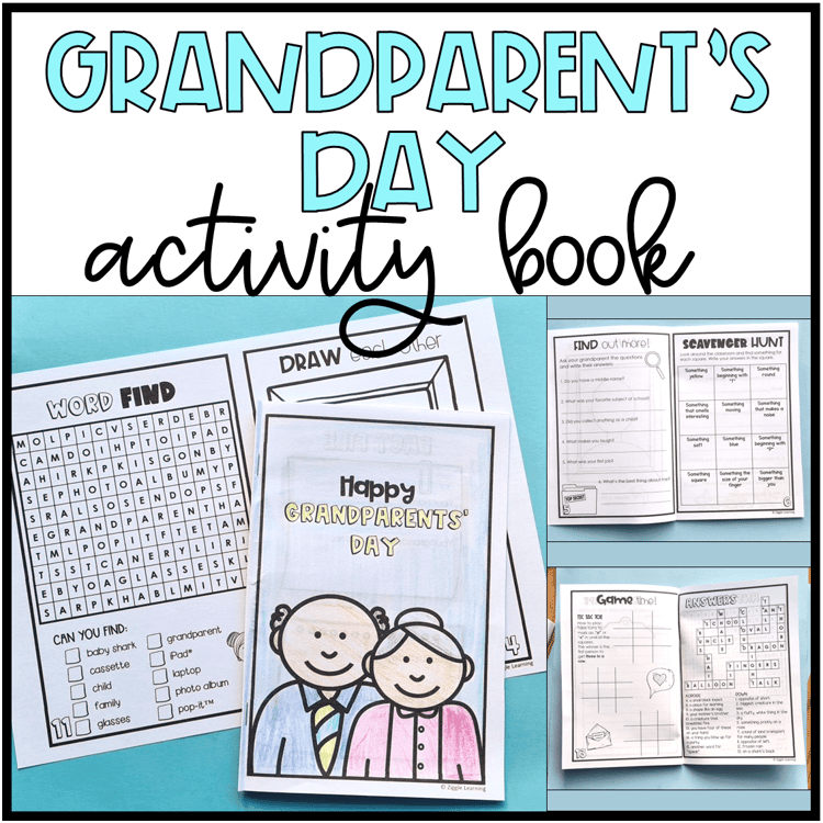 Grandparents Day activity book showing the cover, word find, draw a picture, crossword, and scavenger hunt.