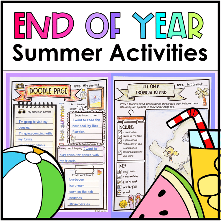 End of year summer activities with a doodle page, life on a tropical island, beach ball, watermelon and drink.