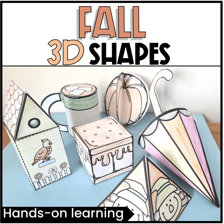 3D fall shapes showing a birdhouse, umbrella, scarecrow, smore, pumpkin, and cocoa.