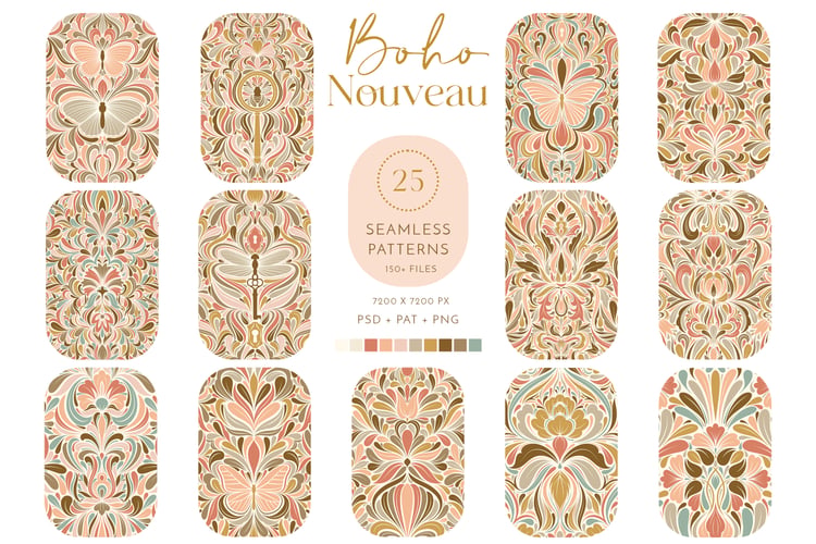 hand drawn digital surface pattern collection featuring butterflies and dragonflies in pink, coral, beige, brown, and aqua
