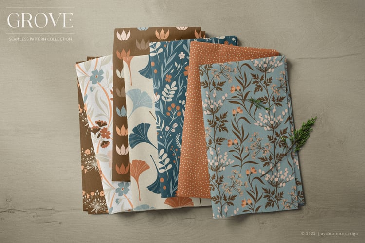 botanical floral seamless surface pattern collection in teal, rust, brown, beige, pink, peach and cream