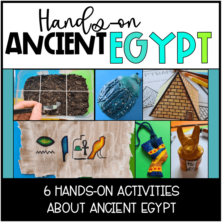 Papyrus, scarab beetle, canopic jar, Egypt pyramid, archaeological dig and amulet.