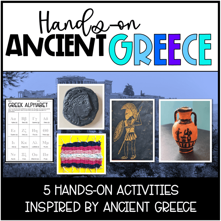 Ancient Greece crafts with a jug, weaving, coin and Greek alphabet.