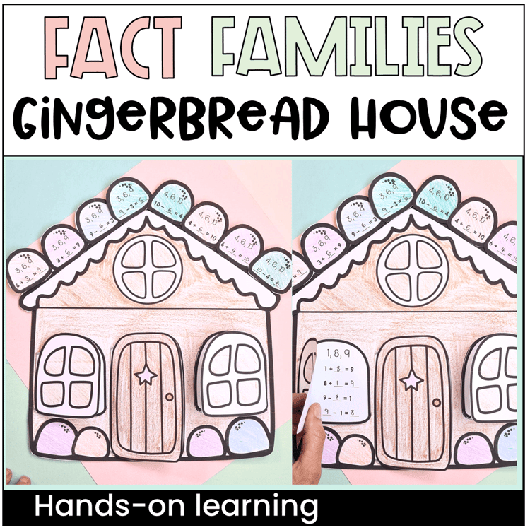 Gingerbread houses with the window open showing a fact family.